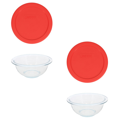 Pyrex (4) 322 1qt Glass Mixing Bowls and (4) 322-PC 1qt Red Mixing Bowl Lids