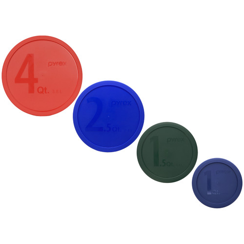 Pyrex 326-PC 4qt Red, 325-PC 2.5qt Blue, 323-PC 1.5qt Thyme, and 322-PC 1qt Midnight Blue Round BPA-Free Plastic Replacement Lids