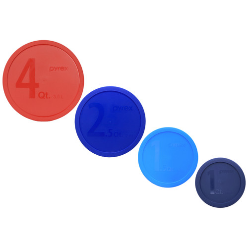 Pyrex 322-PC Blue 1qt, 323-PC Marine Blue 1.5qt, 325-PC Cadet Blue 2.5qt, and 326-PC Red 4qt Mixing Bowl Lids