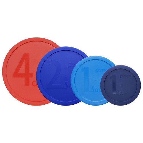 Pyrex 326-PC Red 4qt, 325-PC Cadet Blue 2.5qt, 323-PC Marine Blue 1.5qt, and 322-PC Blue 1qt Mixing Bowl Lids