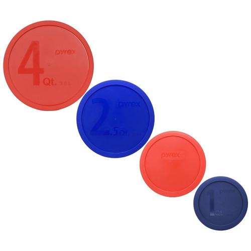 Pyrex 322-PC Blue 1qt, 323-PC Red 1.5qt, 325-PC Cadet Blue 2.5qt, and 326-PC Red 4qt Mixing Bowl Lids