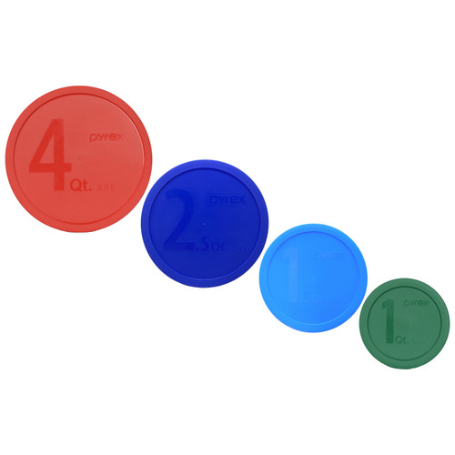 Pyrex 322-PC Green 1qt, 323-PC Marine Blue 1.5qt, 325-PC Cadet Blue 2.5qt, and 326-PC Red 4qt Mixing Bowl Lids