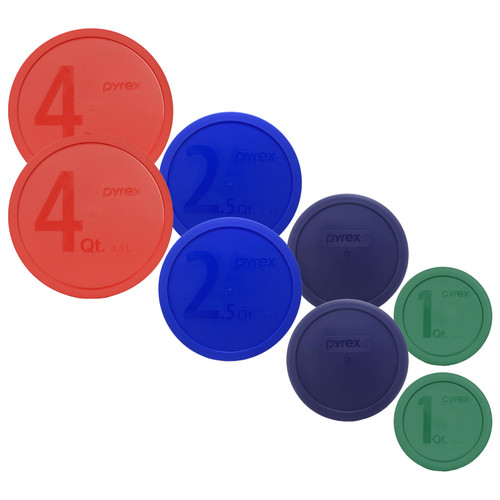 Pyrex (2) 322-PC 1qt Green, (2) 323-PC 1.5qt Blue, (2) 325-PC 2.5qt Cadet Blue, (2) 326-PC Red 4qt Mixing Bowl Lid - Made in USA