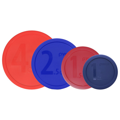 Pyrex 326-PC Red 4qt, 325-PC Cadet Blue 2.5qt, 323-PC Sangria Red 1.5qt, and 322-PC Blue 1qt Mixing Bowl Lids