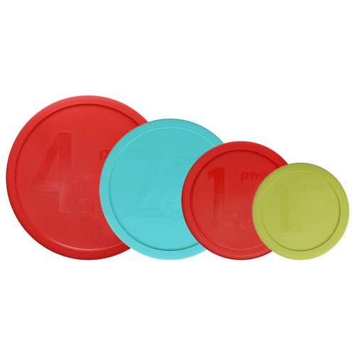 Pyrex 326-PC Poppy Red 4qt, 325-PC Turquoise 2.5qt, 323-PC Poppy Red 1.5qt, and 322-PC Edamame Green 1qt Mixing Bowl Lids