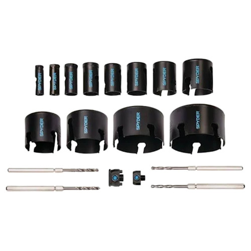 Spyder 600938 18-Piece Tungsten Carbide-Tipped Hole Saw Kit with 12 Hole Saws, 2 Arbors, and 4 Pilot Bits for Drill/Drivers