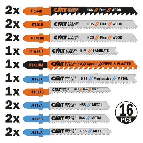 CMT JT016 16-Piece Assorted T-Shank Jig Saw Blade Set for JS260 JS365