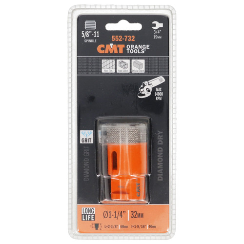 CMT 552-732 Diamond Dry Hole Saw for 5/8"-11 Threaded Arbor Angle Grinders