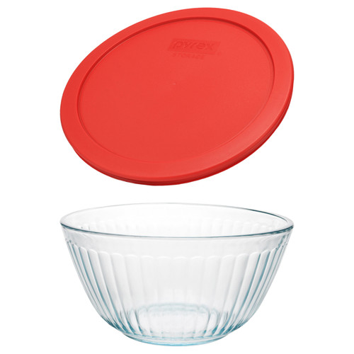 Pyrex 7402 6-Cup Sculpted Glass Mixing Bowl and 7402-PC Poppy Red Lid