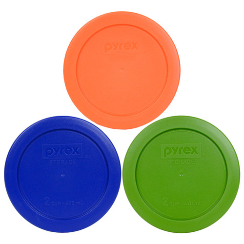 Pyrex 7200-PC 2 Cup Green, Orange and Cobalt Blue Round Plastic Lids - 3 Lids