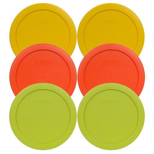 Pyrex 7201-PC (2) Yellow (2) Orange (2) Round Green Storage Lids - 6 Pack