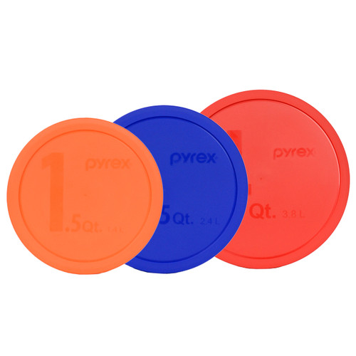 Pyrex (1) Orange 323-PC 1.5 Qt (1) 325-PC Blue 2.5 Qt (1) 326-PC Red 4 Qt Round Plastic Lids - 3 Pack