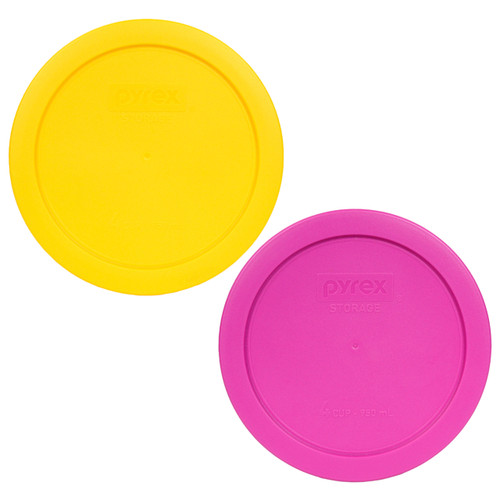 Pyrex 7201-PC (2) Berry Pink and (2) Meyer Yellow Round Plastic Replacement Lids, Made in the USA