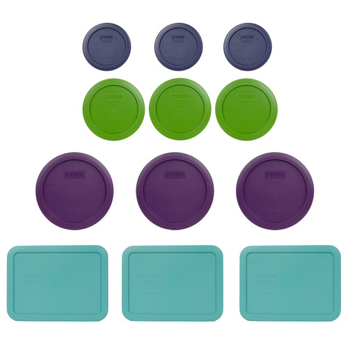 Pyrex (3) 7202-PC Blue (3) 7200-PC Green, (3) 7201-PC Purple & (3) 7210-PC Turquoise Round Plastic Storage Lids