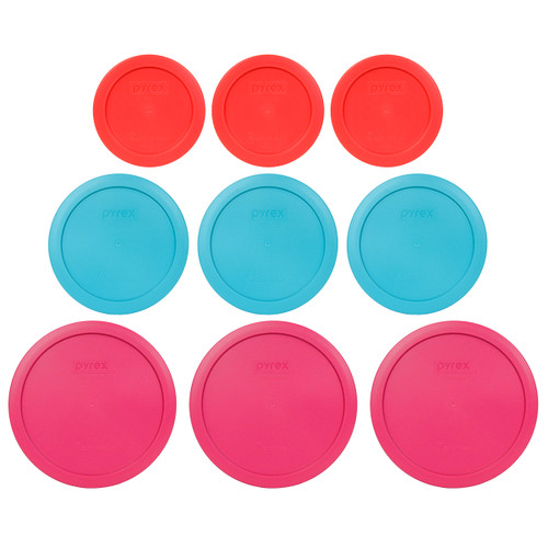 Pyrex (3) 7200-PC Red, (3) 7201-PC Surf Blue & (3) 7402-PC Fuchsia Round Plastic Replacement Lids