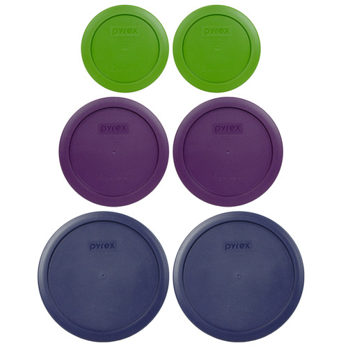 Pyrex (2) 7200-PC Lawn Green, (2) 7201-PC Purple, and (2) 7402-PC Blue Round Plastic Replacement Lids