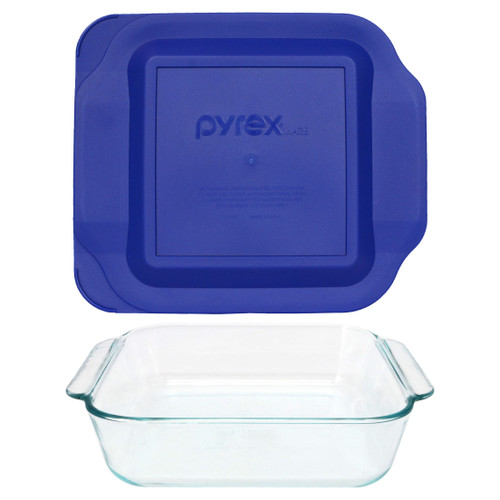 Pyrex 222 Square Glass Baking Dish w/ 222-PC Blue Plastic Lid Cover