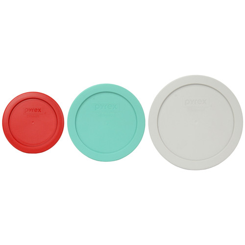 Pyrex 7201-PC Sleek Silver, 7200-PC Sea Glass Blue, and 7202-PC Red Food Storage Replacement Lid Covers