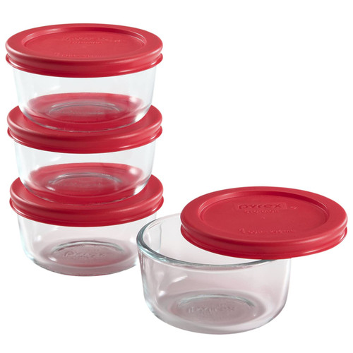 Pyrex (3) 7202 1 Cup Clear Glass Storage Bowls with 7202-PC (3) Red & (3)  Blue Plastic Lids, Made in USA