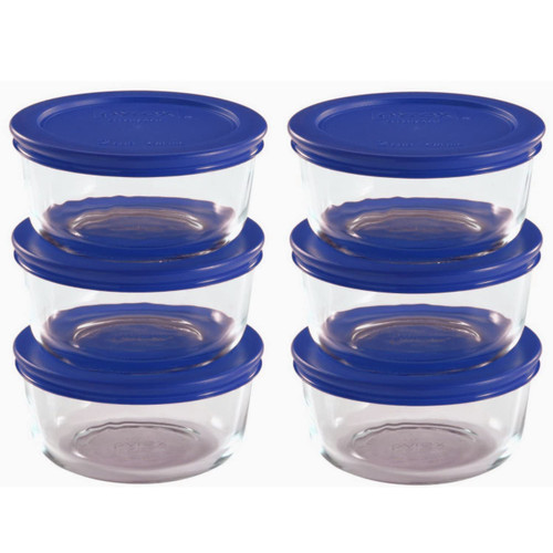 Pyrex (6) Simply Store 7200 2-Cup Glass Storage Bowls w/ (6) 7200-PC Cadet Blue Plastic Lids