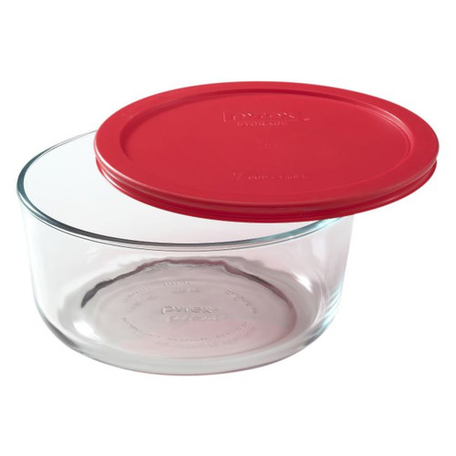 Pyrex 7203 7-Cup Round Glass Food Storage Bowl w/ 7402-PC Red Plastic Lid Cover