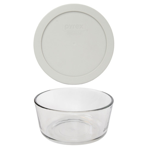 Pyrex 7201 4-Cup Round Glass Food Storage Bowl w/ 7201-PC Sleek Silver Lid Cover
