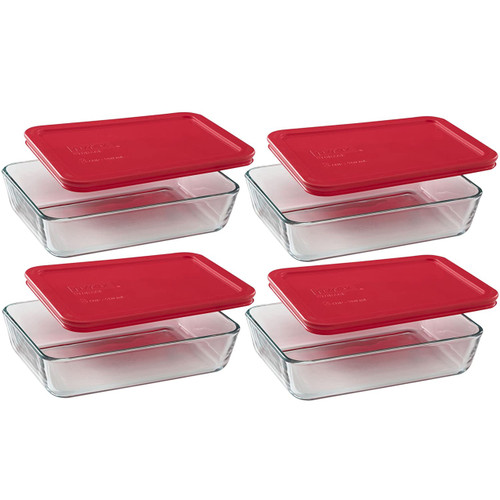 Pyrex 7210 3-Cup Rectangle Glass Food Storage Dishes w/ 7210-PC 3-Cup Red Lid Covers (4-Pack)