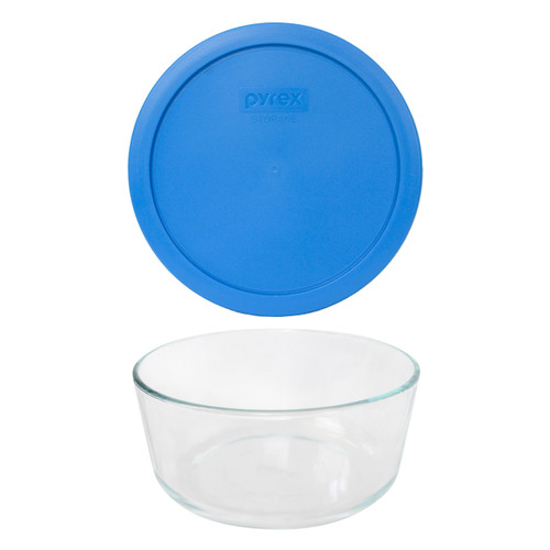 Pyrex 7203 7-Cup Round Glass Food Storage Bowl w/ 7402-PC Marine Blue Plastic Lid Cover