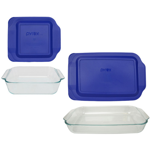 Pyrex 233 3qt Glass Dish & 222 2qt Glass Dish with 233-PC & 222-PC Blue Plastic Lids