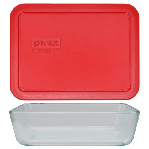 Pyrex 7210 3-Cup Rectangle Glass Food Storage Dish w/ 7210-PC 3-Cup Poppy Red Lid Cover