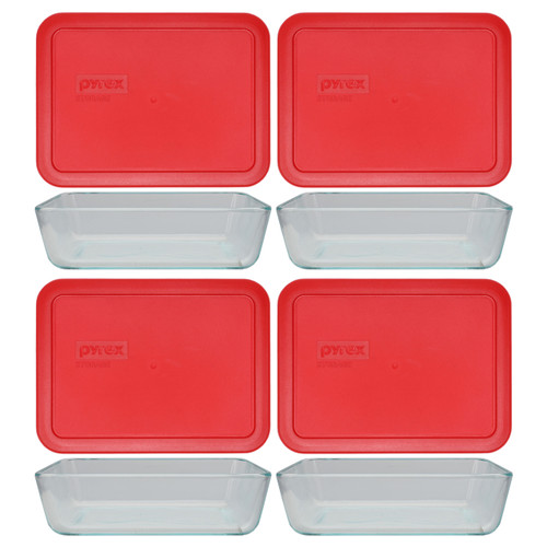 Pyrex 7210 3-Cup Rectangle Glass Food Storage Dish w/ 7210-PC 3-Cup Poppy Red Lid Cover (4-Pack)