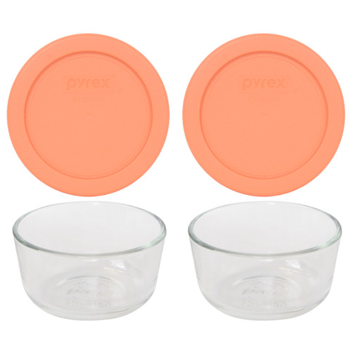 Pyrex 7202 1 Cup Glass Dish & 7202-PC 1 Cup Bahama Sunset Orange Lid Cover (2-Pack)