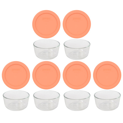 Pyrex 7202 1 Cup Glass Dish & 7202-PC 1 Cup Bahama Sunset Orange Lid Cover (6-Pack)