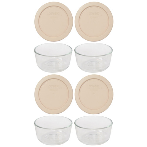 Pyrex 7202 1-Cup Glass Storage Bowl with 7202-PC Blush Colored Plastic Lid Cover (4-Pack)