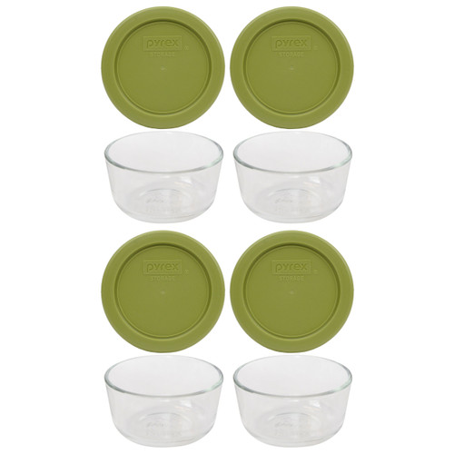 Pyrex 7202 1 Cup Glass Dish & 7202-PC 1 Cup Olive Green Replacement Lid Cover (4-Pack)