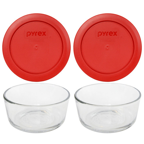 Pyrex Simply Store 7200 2-Cup Glass Storage Bowl and 7200-PC 2-Cup Poppy Red Lid Cover (2-Pack)