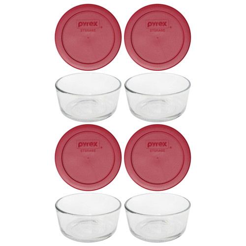 Pyrex Simply Store 7200 2-Cup Glass Storage Bowl and 7200-PC 2-Cup Sangria Red Lid Cover (4-Pack)