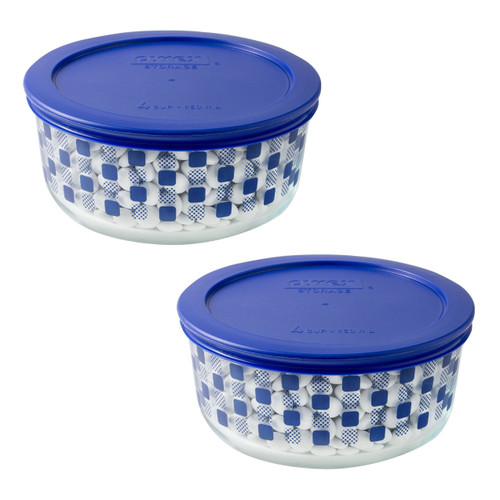 Pyrex Simply Store 4-Cup Blue Square Dots Glass Storage Bowl with Plastic Lid Set (2-Pack)