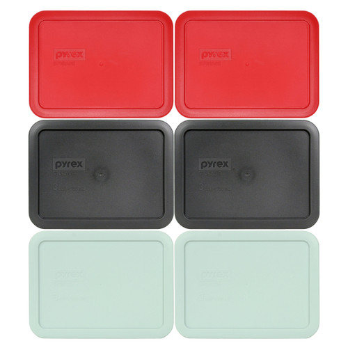 Pyrex 7210-PC (2) Poppy Red, (2) Charcoal Grey, and (2) Muddy Aqua Food Storage Replacement Lid Cover