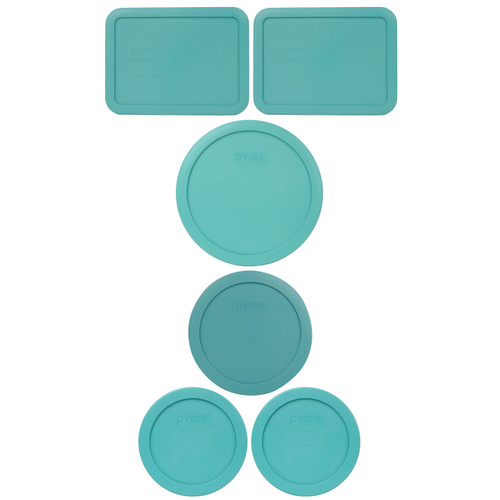 Pyrex (2) 7200-PC 2-Cup, (1) 7201-PC 4-Cup, (2) 7210-PC 3-Cup and (1) 7402-PC 6/7-Cup Turquoise Lids