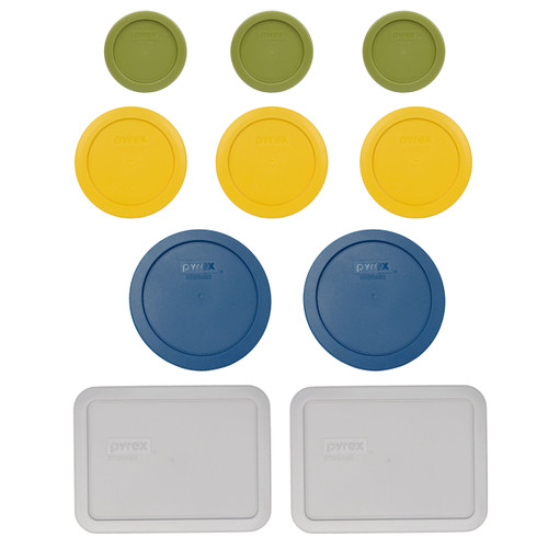 Pyrex (3) 7202-PC Olive Green, (3) 7200-PC Butter Yellow, (2) 7201-PC Blue Spruce, & (2) 7210-PC Jet Gray Food Storage Replacement Lids