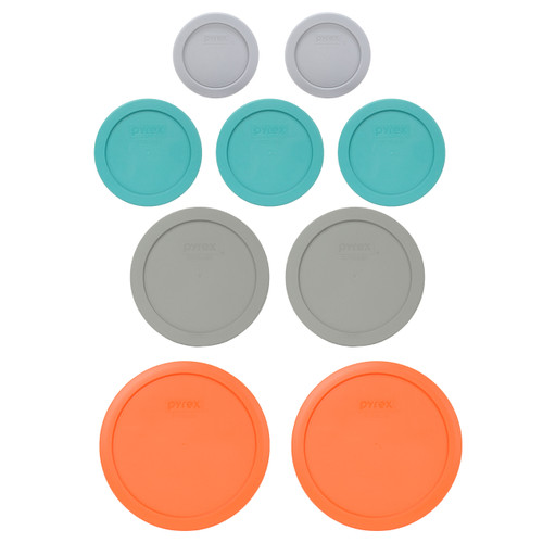 Pyrex (2) 7202-PC Jet Grey, (3) 7200-PC Turquoise, (2) 7201-PC Jet Grey, & (2) 7402-PC Orange Food Storage Replacement Lids