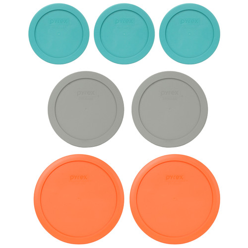 Pyrex (3) 7200-PC Turquoise, (2) 7201-PC Jet Grey, & (2) 7402-PC Orange Plastic Food Storage Replacement Lids