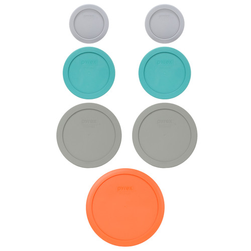 Pyrex (2) 7202-PC Jet Grey, (2) 7200-PC Turquoise, (2) 7201-PC Jet Grey, & (1) 7402-PC Orange Plastic Food Storage Replacement Lids