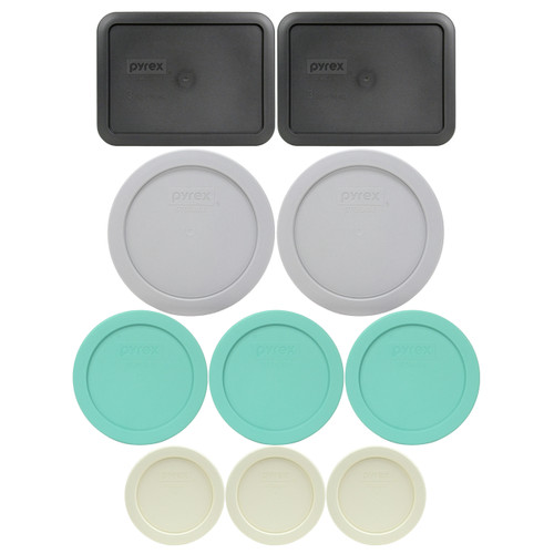 Pyrex (2) 7202-PC Sour Cream, (3) 7200-PC Sea Glass Green, (2) 7201-PC Jet Grey, & (2) 7210-PC Charcoal Grey Food Storage Replacement Lids