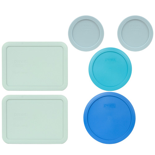 Pyrex (2) 7200-PC Muddy Aqua, (1) 7201-PC Surf Blue, (2) 7210-PC Muddy Aqua, & (1) 7402-PC Marine Blue Plastic Food Storage Replacement Lids