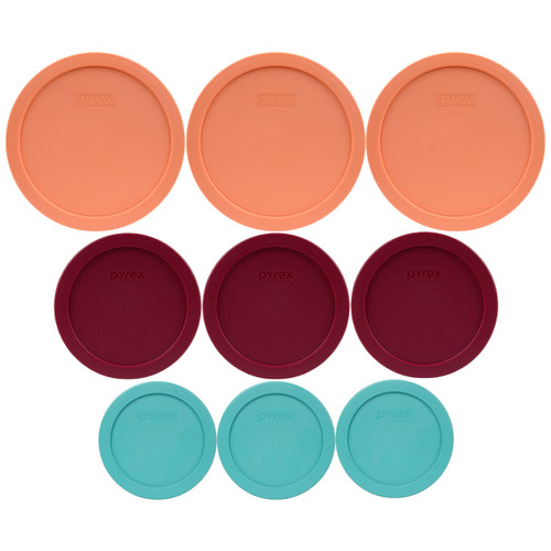 Pyrex (3) 7200-PC Turquoise, (3) 7201-PC Sangria Red, & (3) 7402-PC Bahama Sunset Orange Plastic Plastic Food Storage Replacement Lids