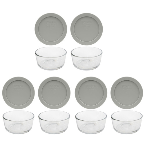 Pyrex (6) 7200 2-Cup Clear Glass Bowls & (6) 7200-PC Jet Gray Lids