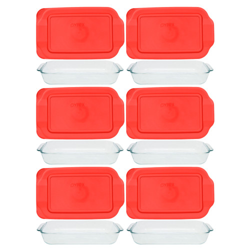 Pyrex (6) 232 2-Quart Rectangle Glass Baking Dishes & (6) 232-PC Red Plastic Lid Covers