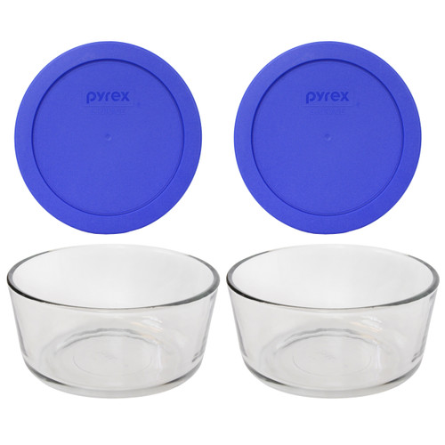 Pyrex (2) 7201 4-Cup Glass Bowls & (2) 7201-PC Sapphire Blue Lids